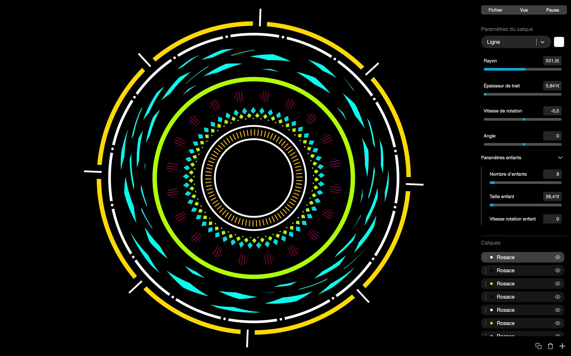 Psykala editor: an artwork of colored rings, with the layer settings and the layer list